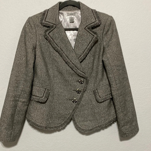 Cache Cotton Wool Linen Gray Metallic Asymmetrical Blazer Jacket Size M - Picture 1 of 7